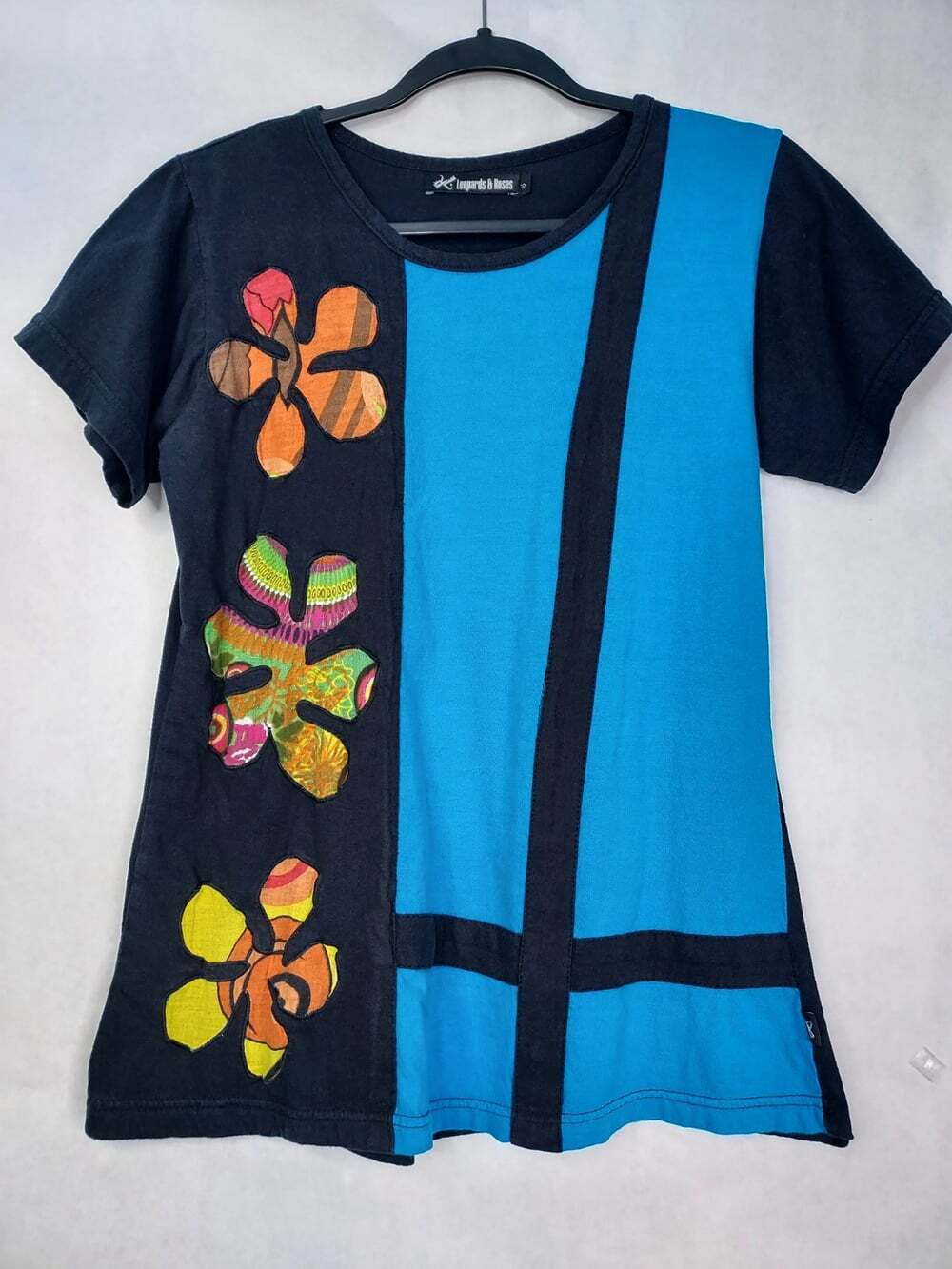 Leopards & Roses Floral Top Women S Applique Stripe Blue Cotton Art Boho Hippie